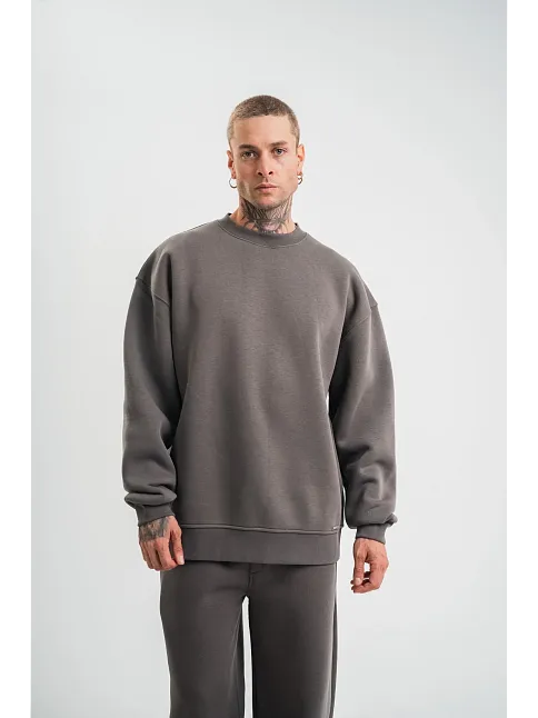 Erkek Uzun Kol Bisiklet Yaka 3 İplik Pamuklu Kışlık Sweatshirt  - Füme