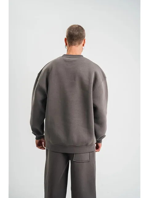 Erkek Uzun Kol Bisiklet Yaka 3 İplik Pamuklu Kışlık Sweatshirt  - Füme