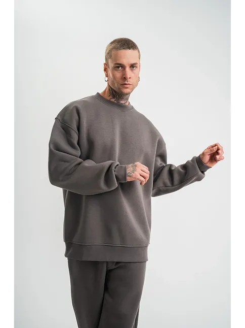 Erkek Uzun Kol Bisiklet Yaka 3 İplik Pamuklu Kışlık Sweatshirt  - Füme