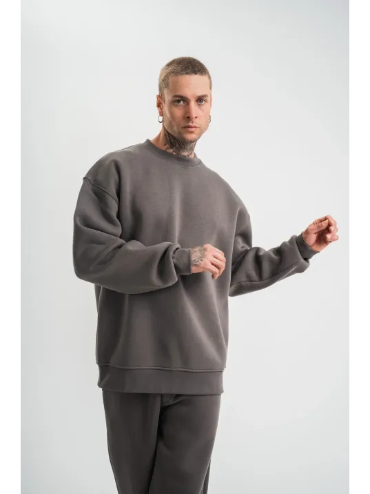 Uzun Kol Bisiklet Yaka Basic SweatShirt - Füme