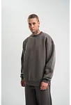 Erkek Uzun Kol Bisiklet Yaka 3 İplik Pamuklu Kışlık Sweatshirt  - Füme