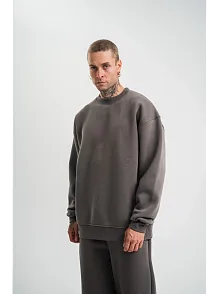 Erkek Uzun Kol Bisiklet Yaka 3 İplik Pamuklu Kışlık Sweatshirt  - Füme