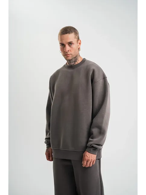 Erkek Uzun Kol Bisiklet Yaka 3 İplik Pamuklu Kışlık Sweatshirt  - Füme