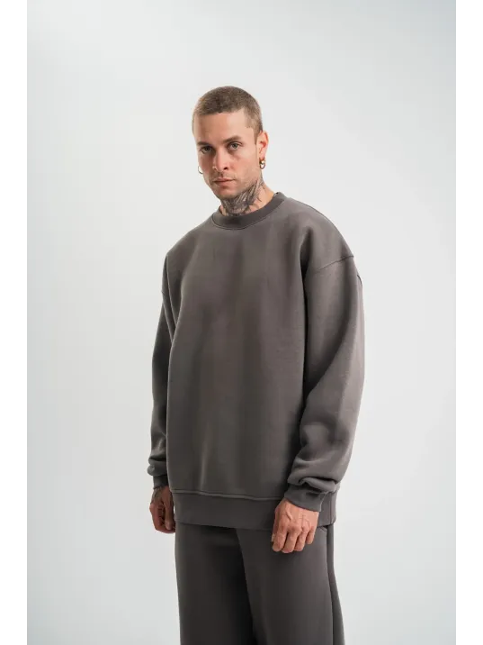 Uzun Kol Bisiklet Yaka Basic SweatShirt - Füme Uzun Kol Bisiklet Yaka Basic SweatShirt - Füme