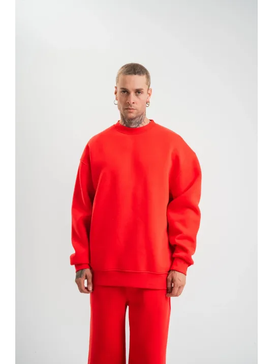 Uzun Kol Bisiklet Yaka Basic SweatShirt - Kırmızı