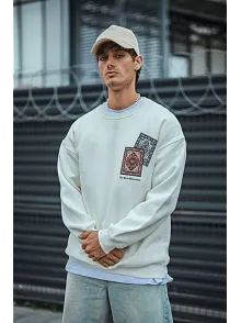 Uzun Kol Bisiklet Yaka Baskılı Sweatshirt - Beyaz