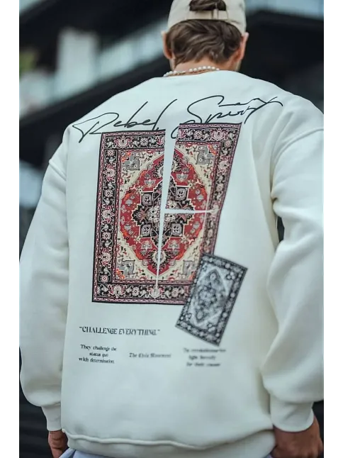 Uzun Kol Bisiklet Yaka Baskılı Sweatshirt - Beyaz
