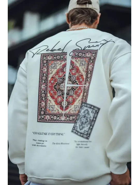 Uzun Kol Bisiklet Yaka Baskılı SweatShirt - Beyaz