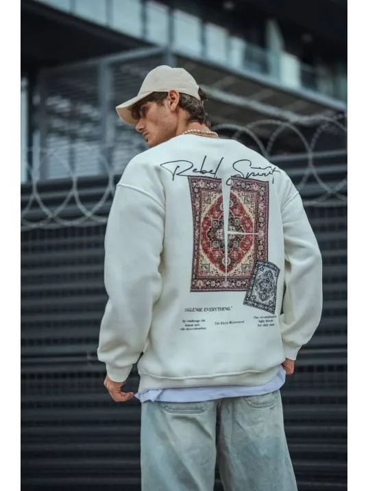 Uzun Kol Bisiklet Yaka Baskılı SweatShirt - Beyaz