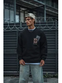 Uzun Kol Bisiklet Yaka Baskılı Sweatshirt - Siyah