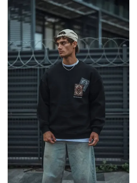 Uzun Kol Bisiklet Yaka Baskılı SweatShirt - Siyah