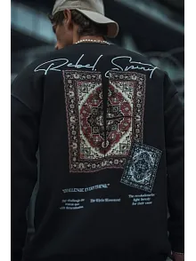 Uzun Kol Bisiklet Yaka Baskılı Sweatshirt - Siyah
