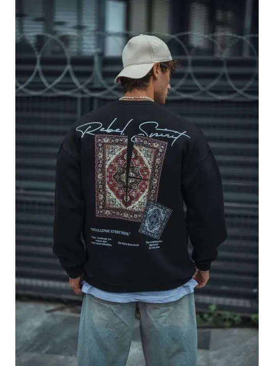 Uzun Kol Bisiklet Yaka Baskılı SweatShirt - Siyah