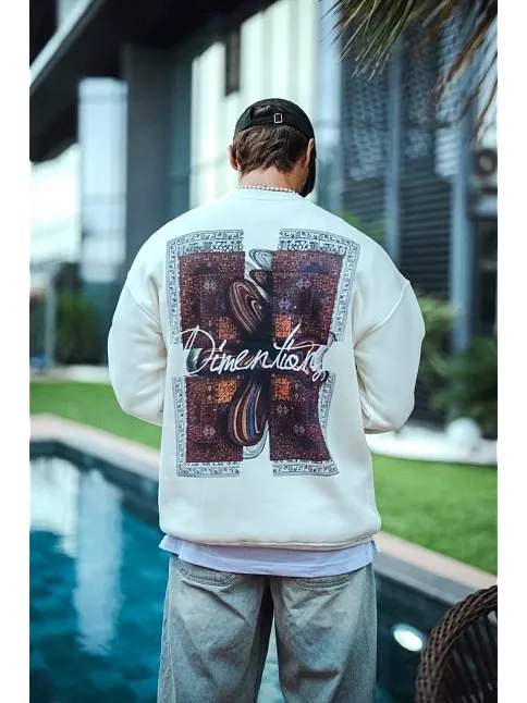Uzun Kol Bisiklet Yaka Ön Ve Arka Baskılı Sweatshirt - Beyaz