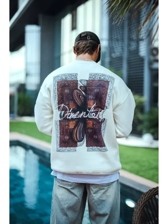 Uzun Kol Bisiklet Yaka Ön ve Arka Baskılı SweatShirt - Beyaz