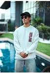 Uzun Kol Bisiklet Yaka Ön Ve Arka Baskılı Sweatshirt - Beyaz