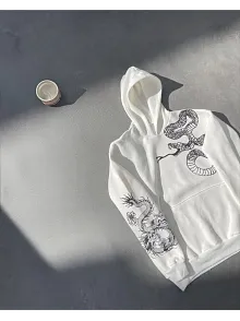 Uzun Kol Kapüşonlu Baskılı Sweatshirt - Beyaz