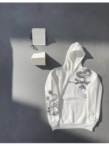 Uzun Kol Kapüşonlu Baskılı SweatShirt - Beyaz