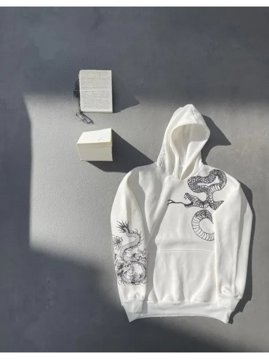 Uzun Kol Kapüşonlu Baskılı SweatShirt - Beyaz