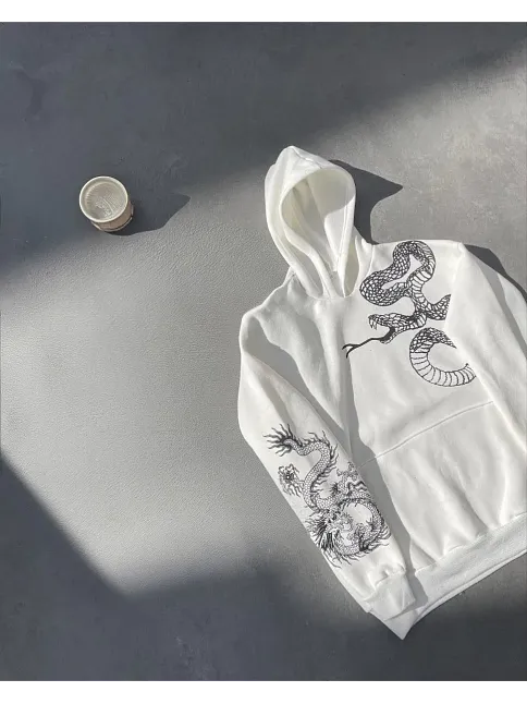 Uzun Kol Kapüşonlu Baskılı Sweatshirt - Beyaz