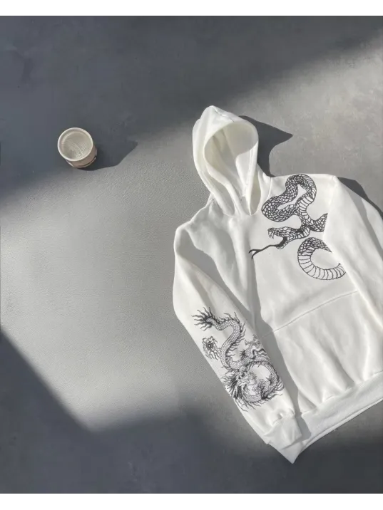 Uzun Kol Kapüşonlu Baskılı SweatShirt - Beyaz