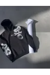 Uzun Kol Kapüşonlu Baskılı Sweatshirt - Siyah