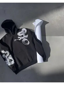 Uzun Kol Kapüşonlu Baskılı Sweatshirt - Siyah