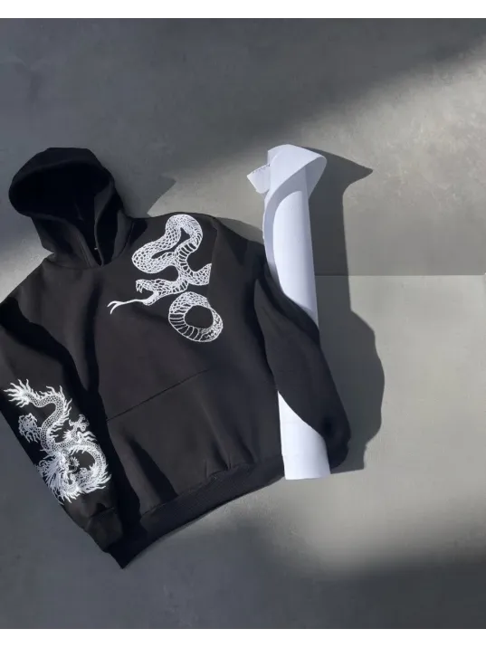 Uzun Kol Kapüşonlu Baskılı SweatShirt - Siyah