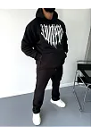 Uzun Kol Kapüşonlu Baskılı Sweatshirt - Siyah