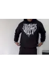 Uzun Kol Kapüşonlu Baskılı Sweatshirt - Siyah