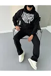 Uzun Kol Kapüşonlu Baskılı Sweatshirt - Siyah
