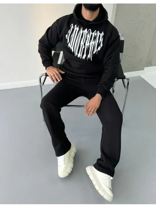 Uzun Kol Kapüşonlu Baskılı SweatShirt - Siyah Uzun Kol Kapüşonlu Baskılı SweatShirt - Siyah