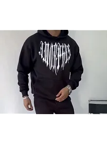 Uzun Kol Kapüşonlu Baskılı Sweatshirt - Siyah