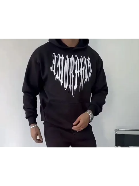 Uzun Kol Kapüşonlu Baskılı Sweatshirt - Siyah