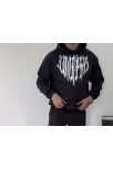Uzun Kol Kapüşonlu Baskılı Sweatshirt - Siyah