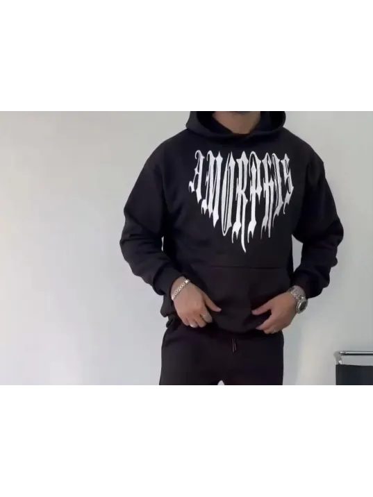 Uzun Kol Kapüşonlu Baskılı SweatShirt - Siyah