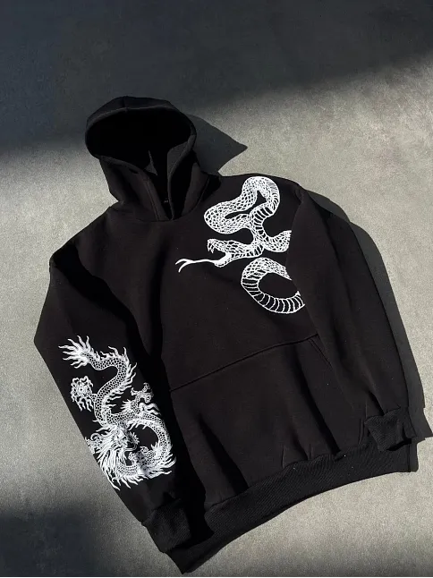 Uzun Kol Kapüşonlu Baskılı Sweatshirt - Siyah