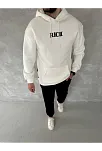 Uzun Kol Kapüşonlu Göğüs Baskılı Sweatshirt - Beyaz