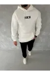 Uzun Kol Kapüşonlu Göğüs Baskılı Sweatshirt - Beyaz