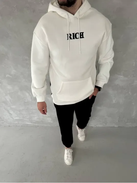 Uzun Kol Kapüşonlu Göğüs Baskılı SweatShirt - Beyaz Uzun Kol Kapüşonlu Göğüs Baskılı SweatShirt - Beyaz