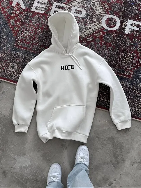 Uzun Kol Kapüşonlu Göğüs Baskılı Sweatshirt - Beyaz