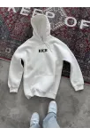 Uzun Kol Kapüşonlu Göğüs Baskılı Sweatshirt - Beyaz