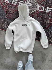 Uzun Kol Kapüşonlu Göğüs Baskılı Sweatshirt - Beyaz