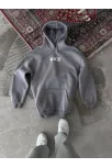Uzun Kol Kapüşonlu Göğüs Baskılı Sweatshirt - Gri