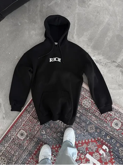 Uzun Kol Kapüşonlu Göğüs Baskılı Sweatshirt - Siyah