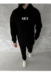 Uzun Kol Kapüşonlu Göğüs Baskılı Sweatshirt - Siyah