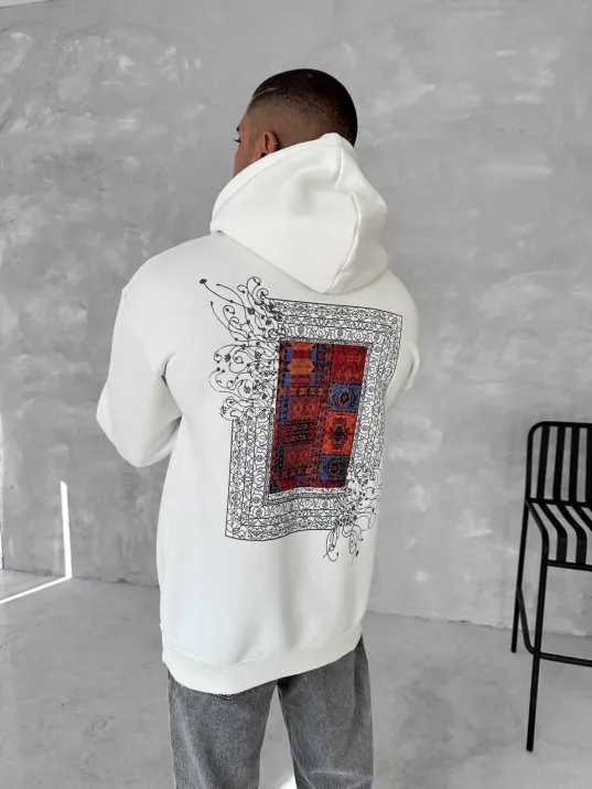 Uzun Kol Kapüşonlu Ön Ve Arka Baskılı SweatShirt - Beyaz Uzun Kol Kapüşonlu Ön Ve Arka Baskılı SweatShirt - Beyaz