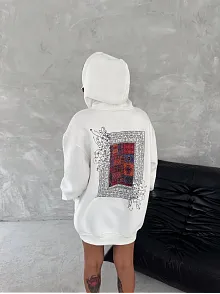 Uzun Kol Kapüşonlu Ön Ve Arka Baskılı Sweatshirt - Beyaz