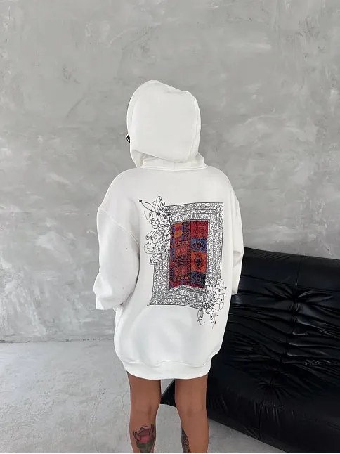 Uzun Kol Kapüşonlu Ön Ve Arka Baskılı Sweatshirt - Beyaz