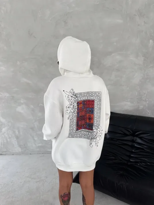 Uzun Kol Kapüşonlu Ön Ve Arka Baskılı SweatShirt - Beyaz Uzun Kol Kapüşonlu Ön Ve Arka Baskılı SweatShirt - Beyaz